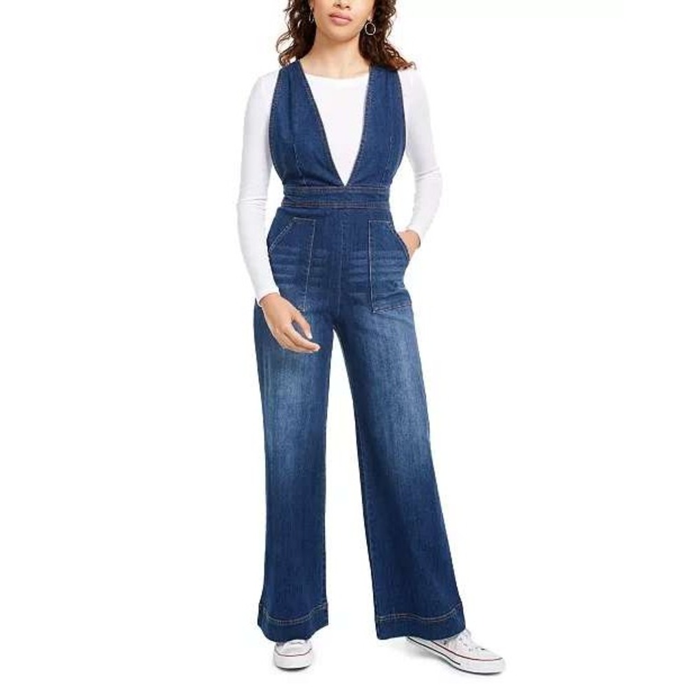Dollhouse Denim Overalls Womens 3 Blue Excellent Wide Leg High Waist‎ Stretch